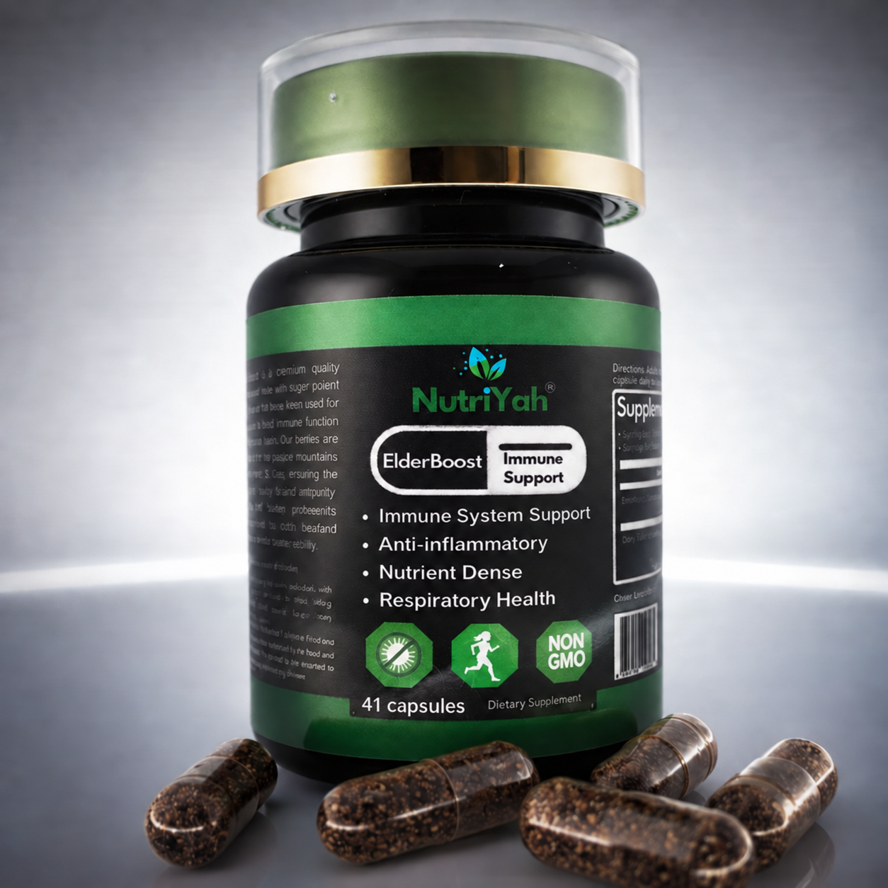 ElderBoost bottle with capsules showing the authentic product label